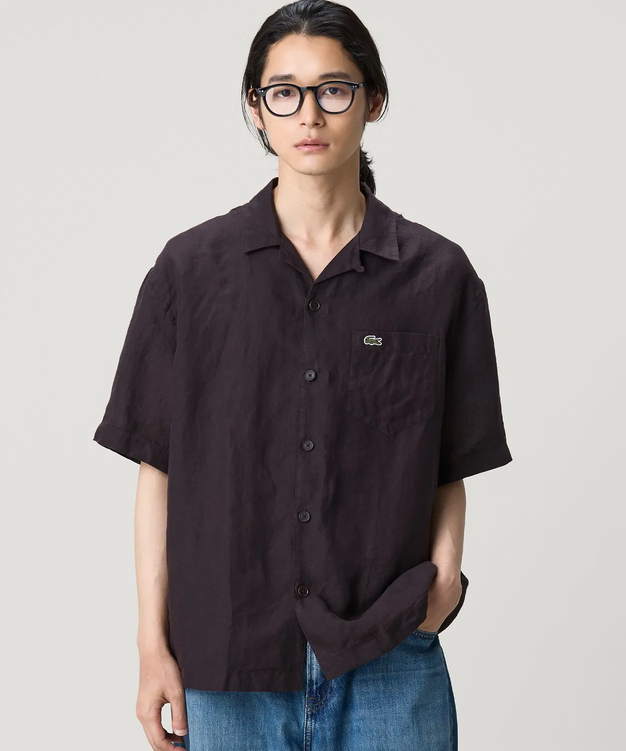 Мужская рубашка с открытым воротом из льна Oversize LACOSTE, Коричневый