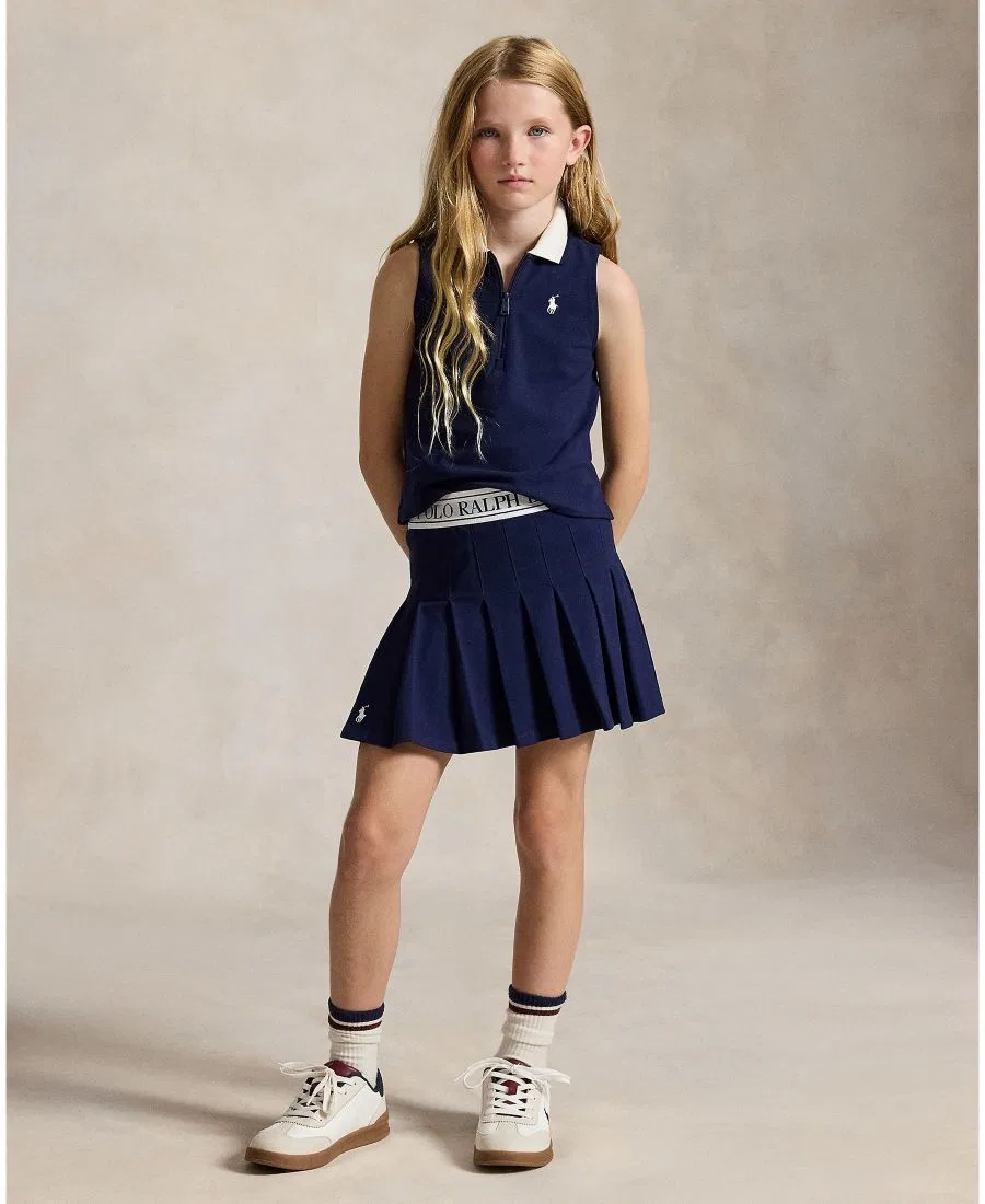 Комплект из поло и юбки-шорт с плиссе для девочек, с вышивкой Pony Polo Ralph Lauren, Refined Navy