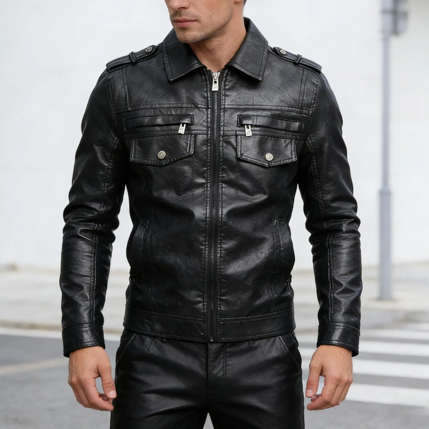 Мужская куртка-косуха из искусственной кожи, модель Motorcycle Biker, чёрный — фото 3