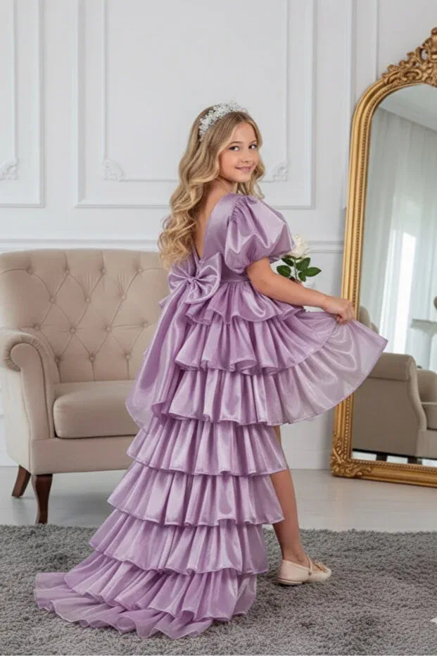 Детское платье для девочек с принтом Dream Model Crowned Tailed Lilac Children's Evening Dress Kids Aby230 Abiyekids, Lilac — фото 3