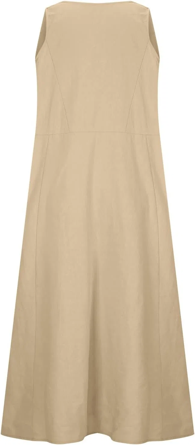 Женское свободное макси-платье из хлопка и льна, Khaki — фото 4