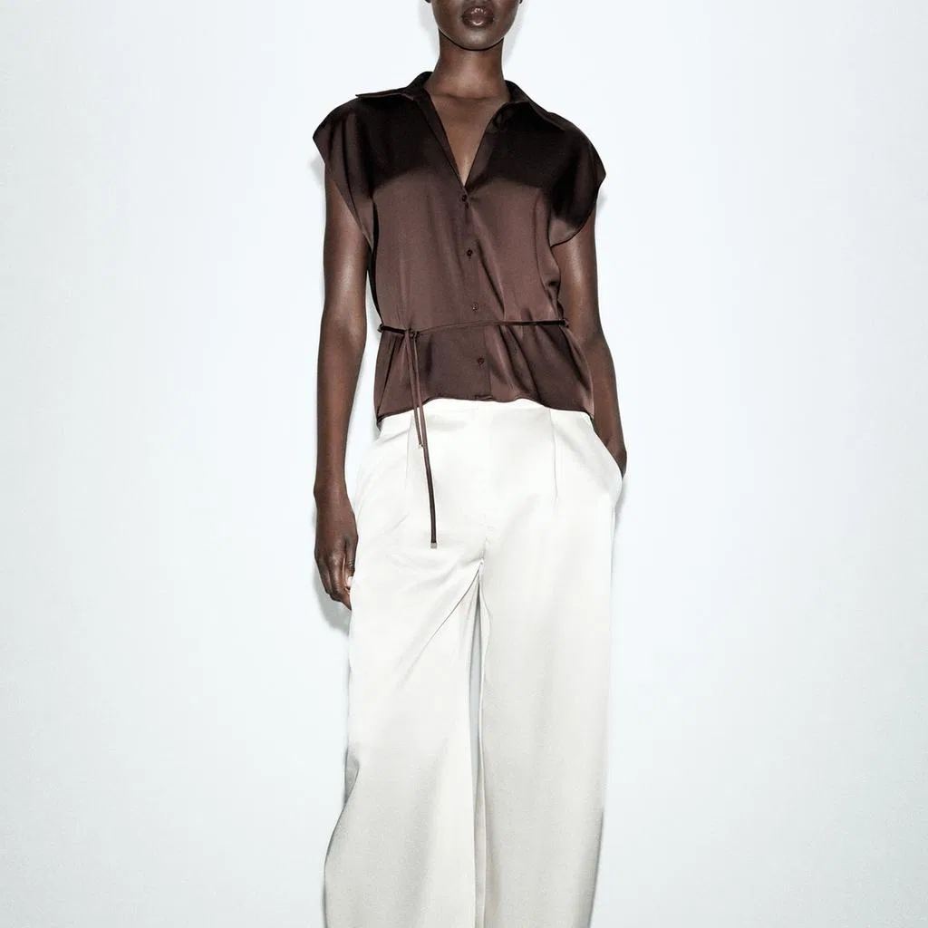 Женская рубашка с лацканами Brown ZARA, Brown — фото 4