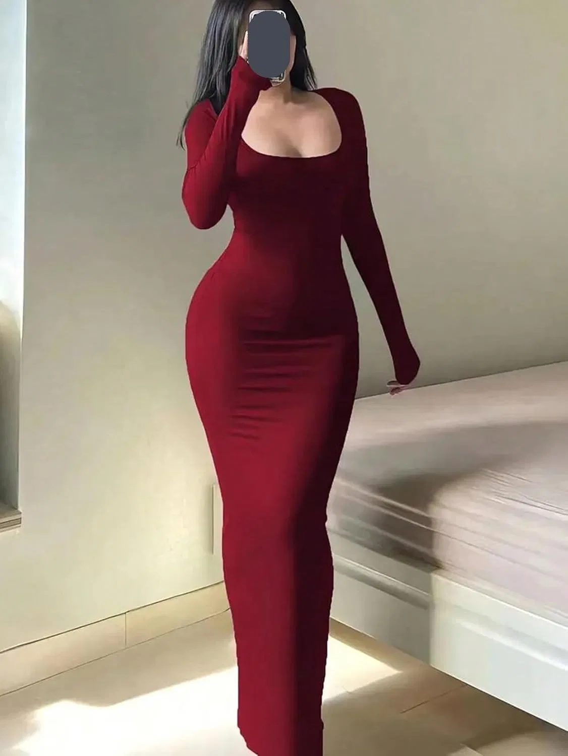 Женское облегающее платье с длинным рукавом Bodycon, Burgundy — фото 3