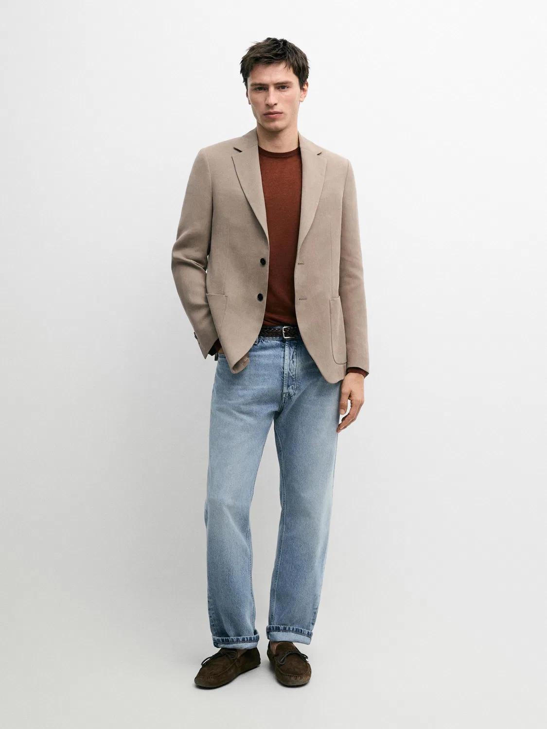 Приталенный блейзер из 100% льна с карманами Massimo Dutti, бежевый