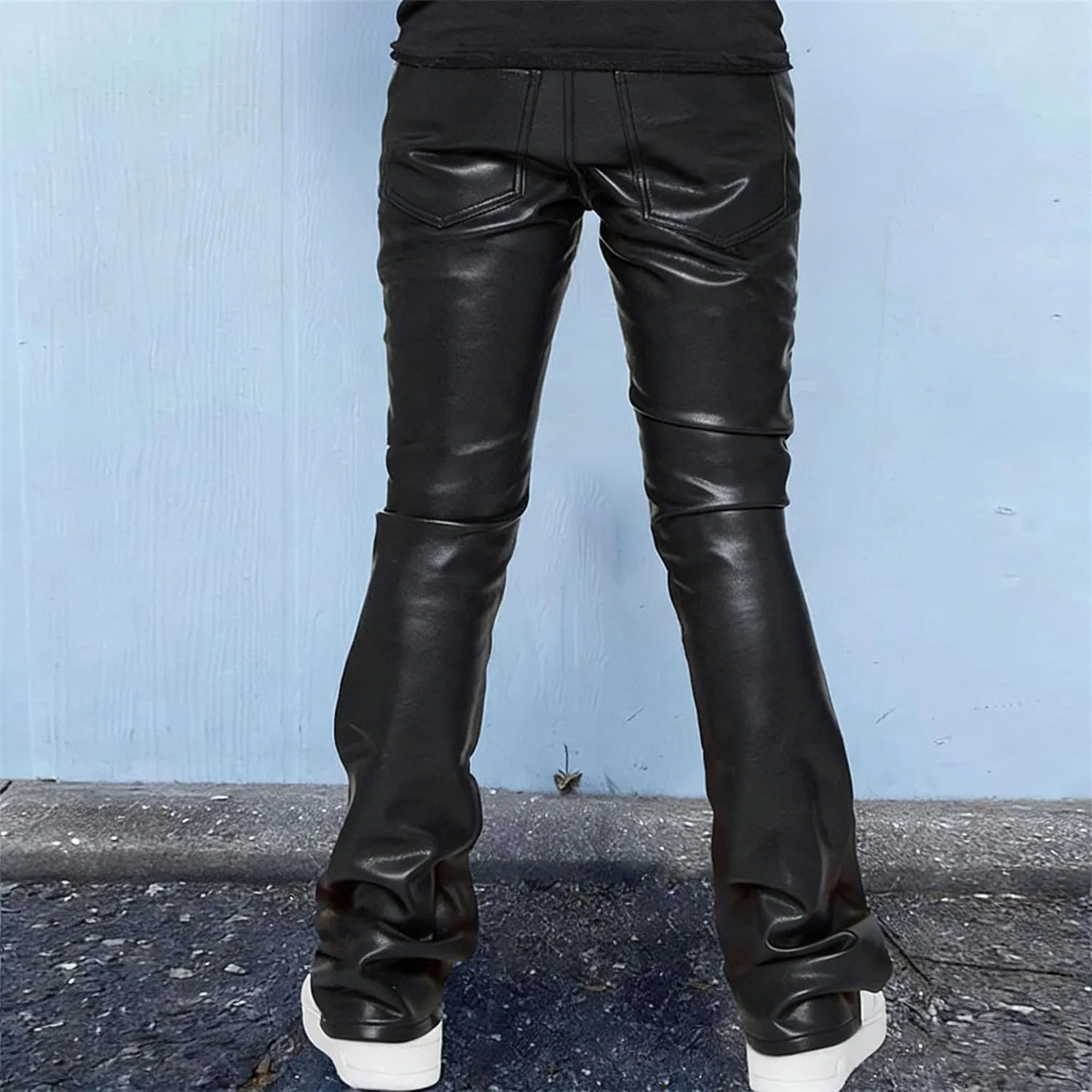 Мужские брюки-клеш из искусственной кожи, модель Retro 70s Disco Style, чёрный — фото 3