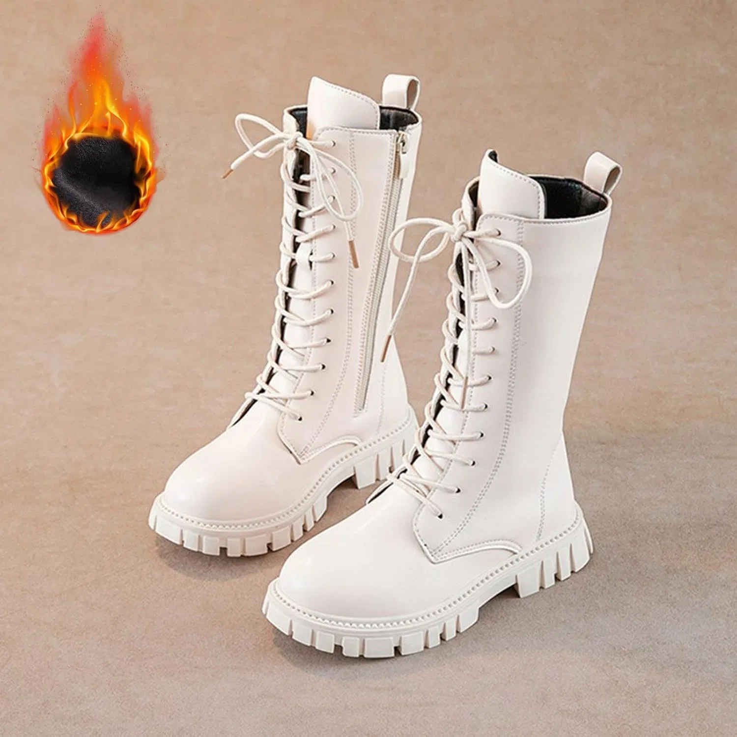 Детские ботинки для девочек на шнуровке с молнией с флисовой подкладкой Combat Boots, White — фото 2