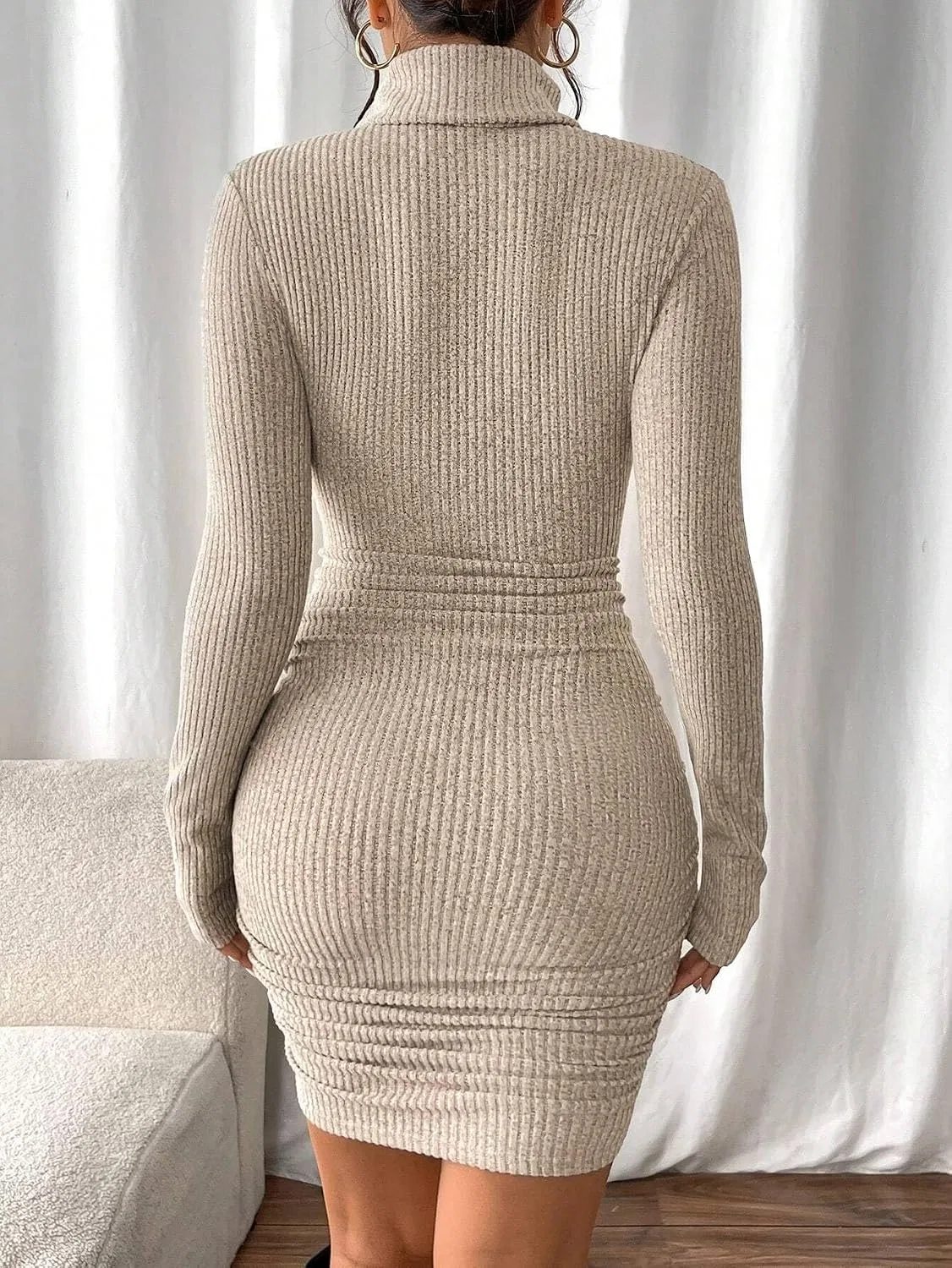 Женское облегающее платье миди с высоким воротом Rib Knit, Apricot — фото 2