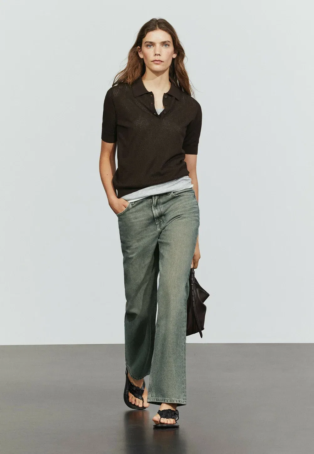 Поло из смесовой хлопковой ткани ажурной вязки - поло Massimo Dutti, Dark Brown — фото 4