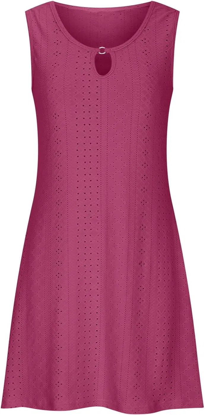Женское летнее платье с вышивкой и прорезями Sleeveless Mini Dress, Hot Pink — фото 4