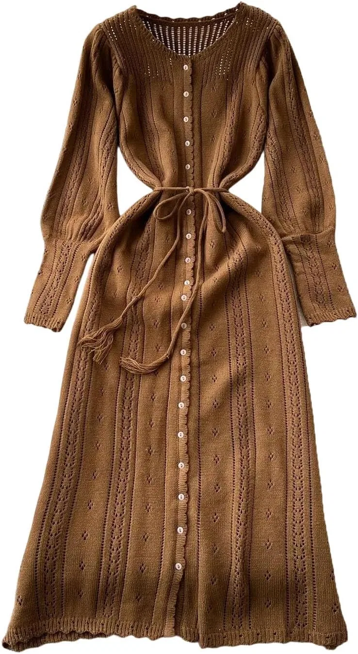 Женское винтажное платье миди с кружевной шнуровкой O-Neck, Brown