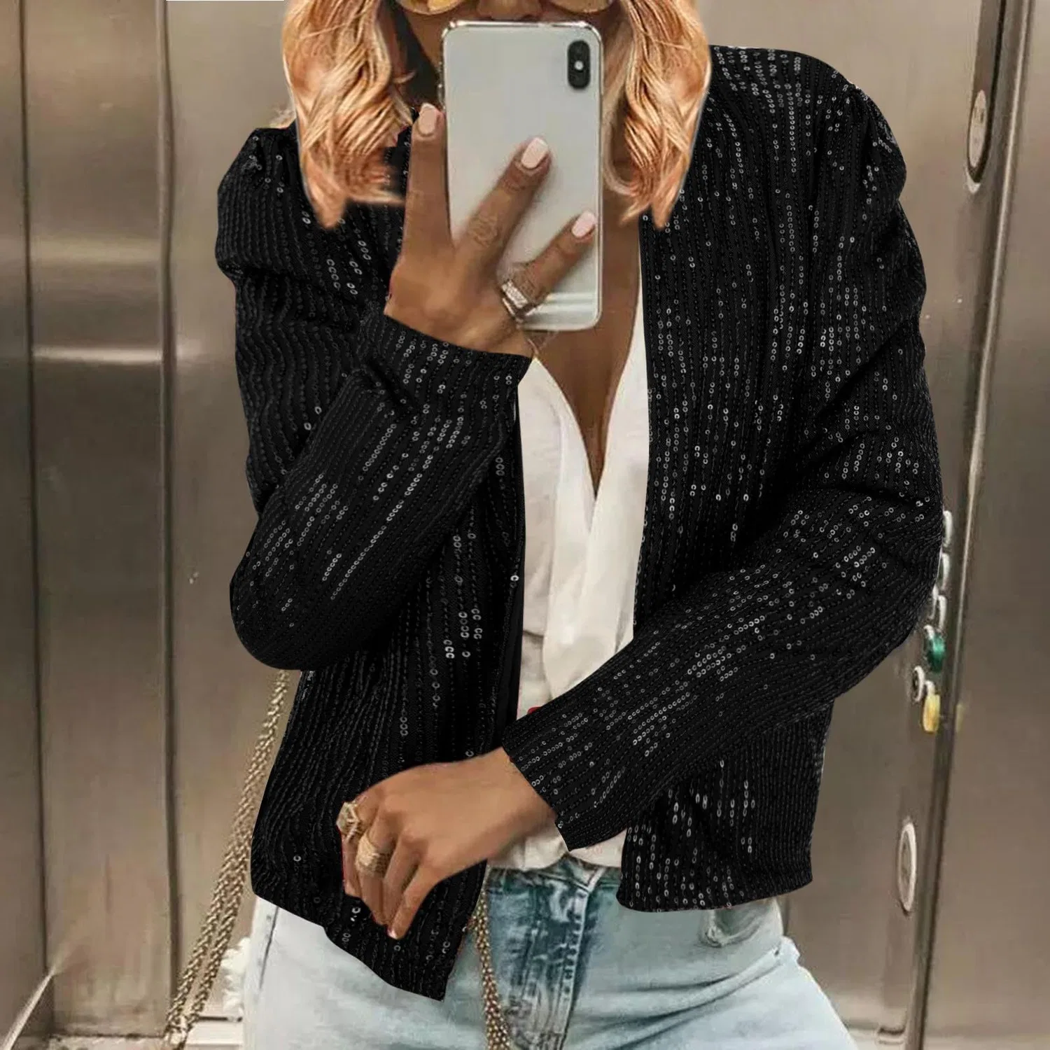 Женский жакет с пайетками Fashion Western Women Casual Fashion Sequins Sparkly Sequin Cardigan Jacket Women Ski, Nero — фото 2