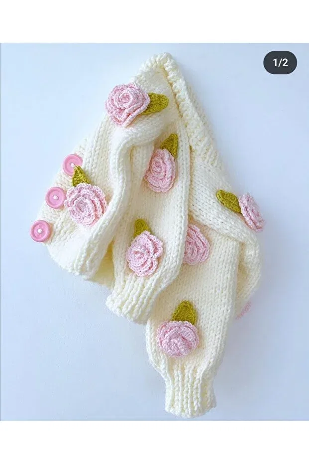 Детский кардиган для девочек с цветочным принтом Hand knitted baby rose cardigan Sifa Atelier, Cream — фото 2