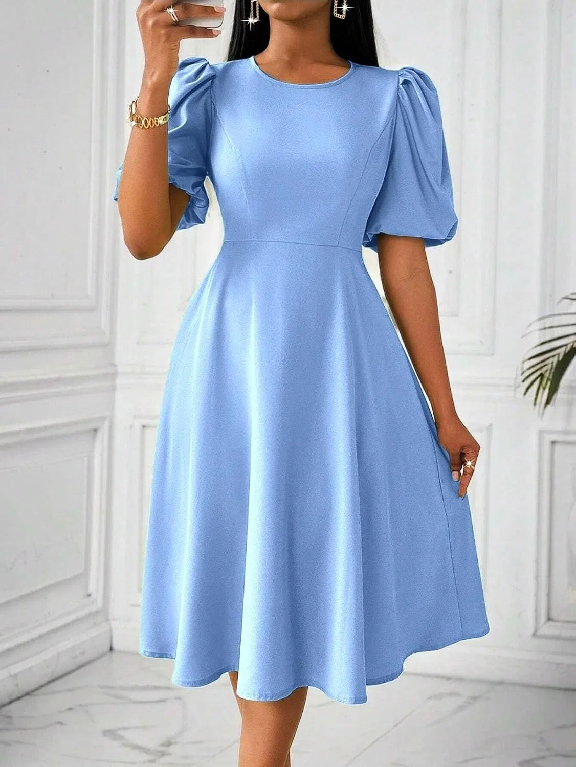 Женское платье миди с рукавами-фонариками A-силуэта, Baby Blue — фото 3