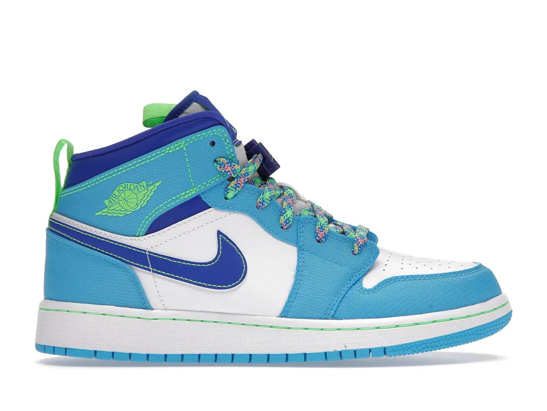 Детские кроссовки для мальчиков с высоким берцем Jordan 1 Mid SE Jordan, Dark Powder Blue/Racer Blue/Green Strike