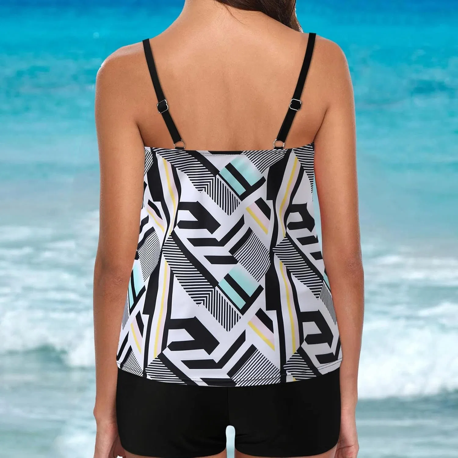 Женский танкини-купальник с цветочным принтом, Athletic Swimwear, Black — фото 3