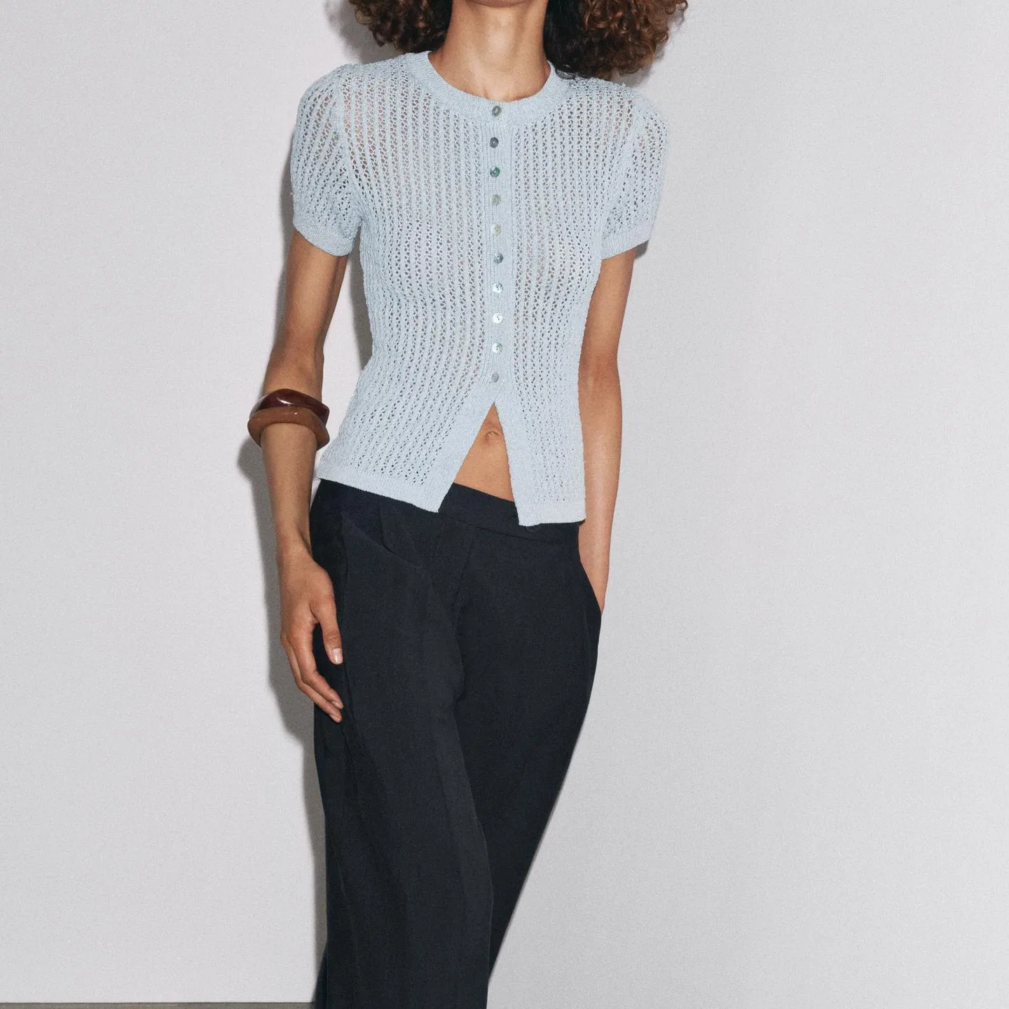 Женский тонкий кардиган с круглым вырезом Blue ZARA, Blue — фото 4