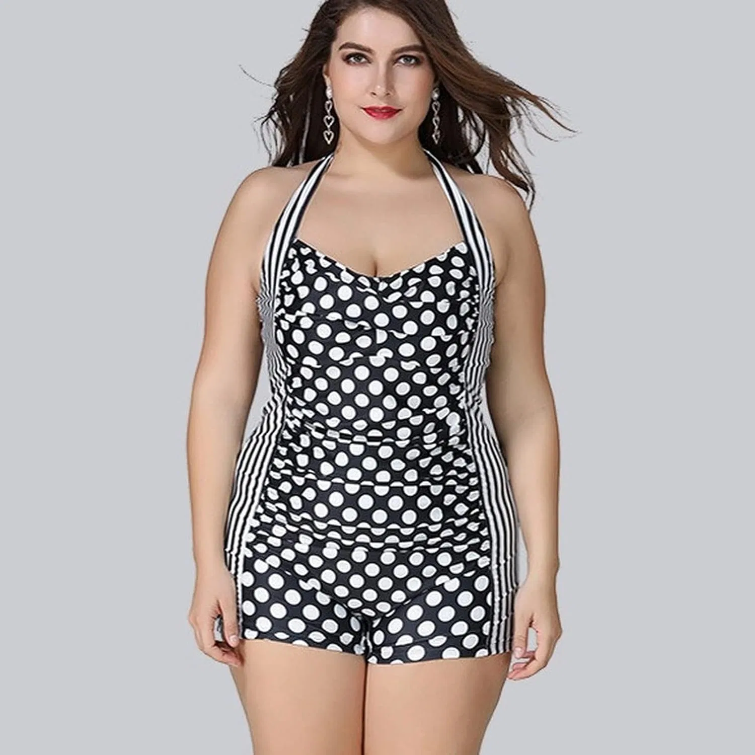 Женский слитный купальник с принтом горошек, Halter Neck, Monokini, Black — фото 4