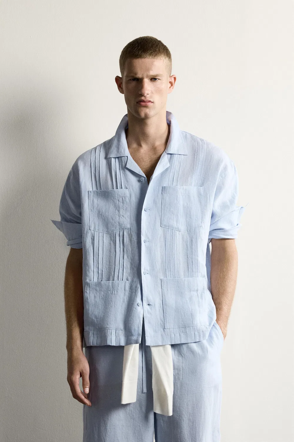 Рубашка свободного кроя из 100% льна со складками. ZARA, Sky blue — фото 2
