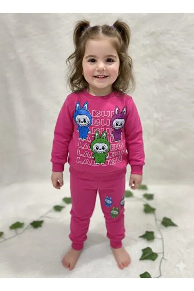 Детский комплект свитшот-штаны с принтом Burç, Fuchsia Pink