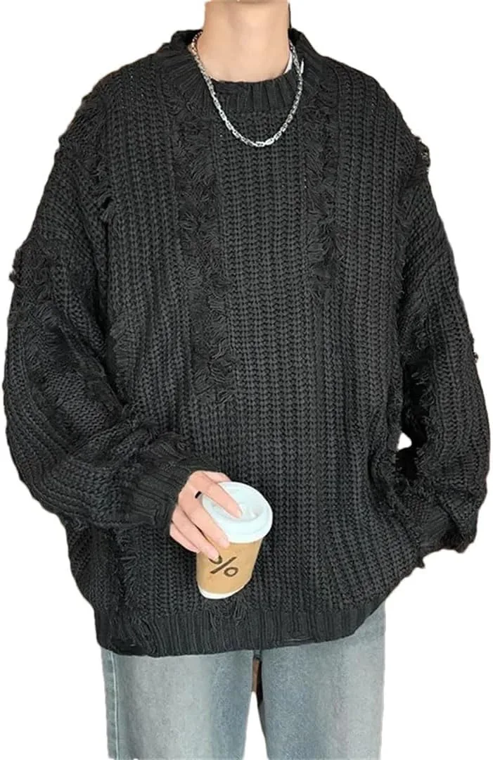 

Мужской зимний свитер в винтажном стиле с бахромой и потертостями