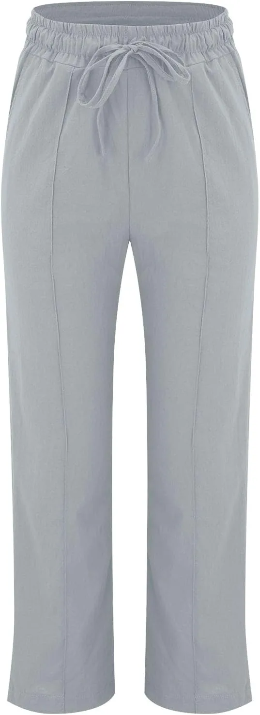Льняные брюки женские летние Petite с кулиской капри Casual палаццо легкие рабочие брюки с карманами 2025 Generic, серый — фото 3