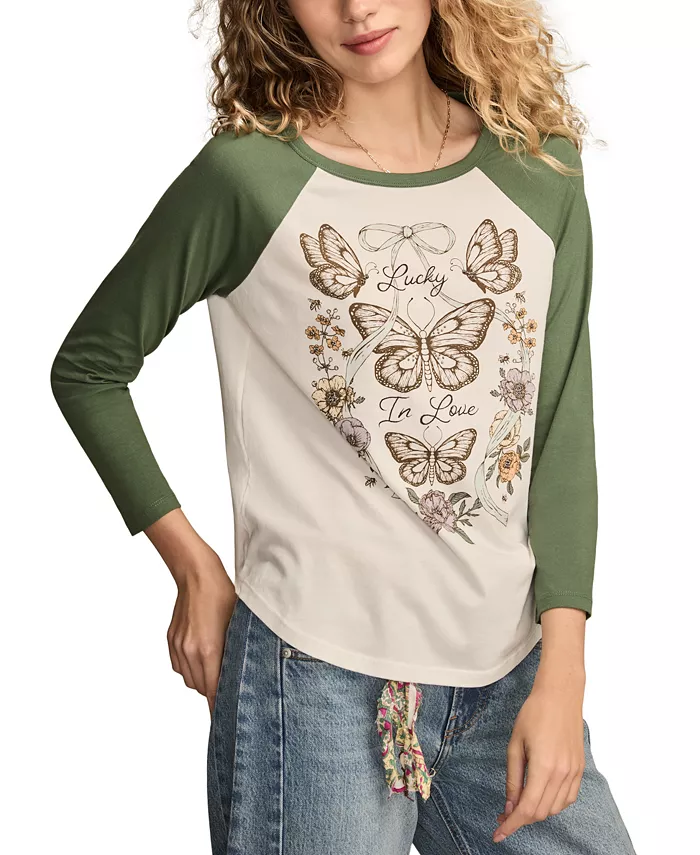 

Женская футболка Lucky In Love с бабочкой и рукавами реглан Lucky Brand, зеленый