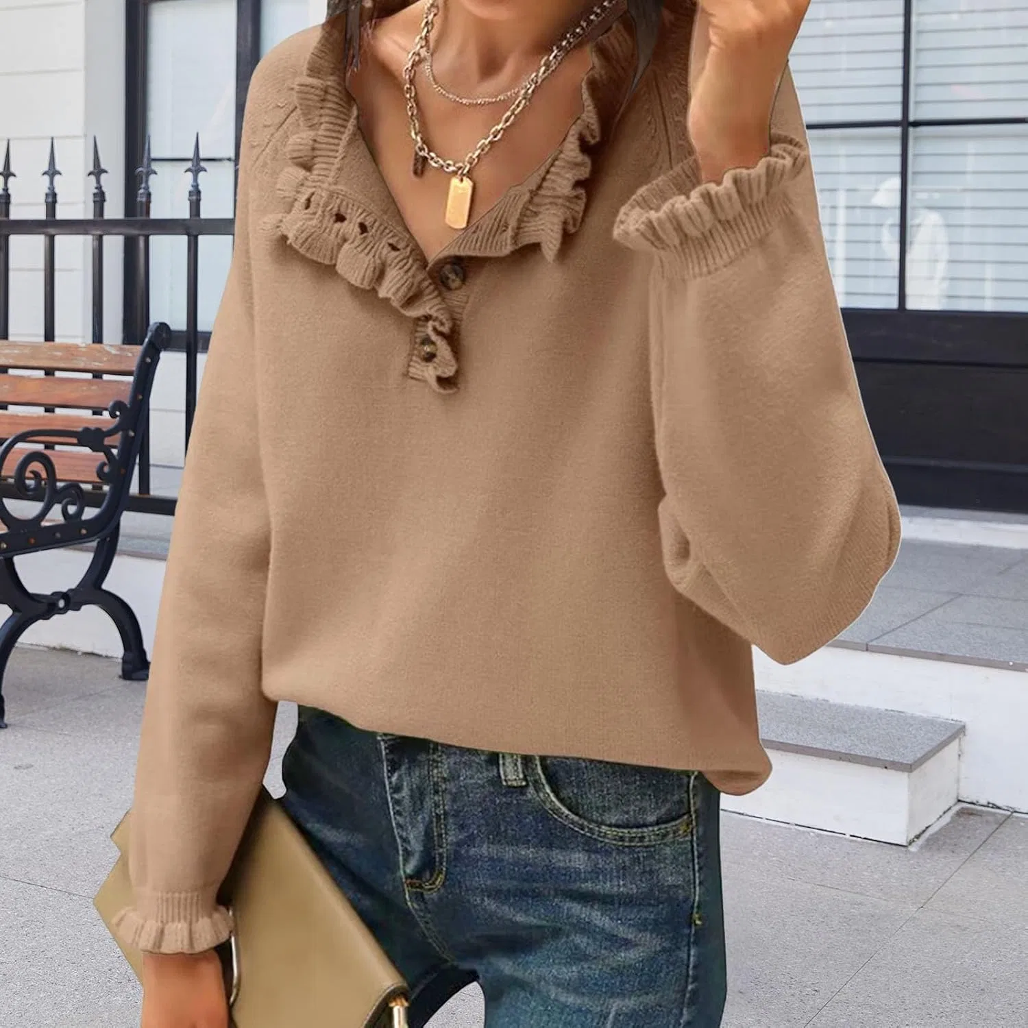Женский свитшот с рюшами, модель Ruffle Sweaters, хаки — фото 2
