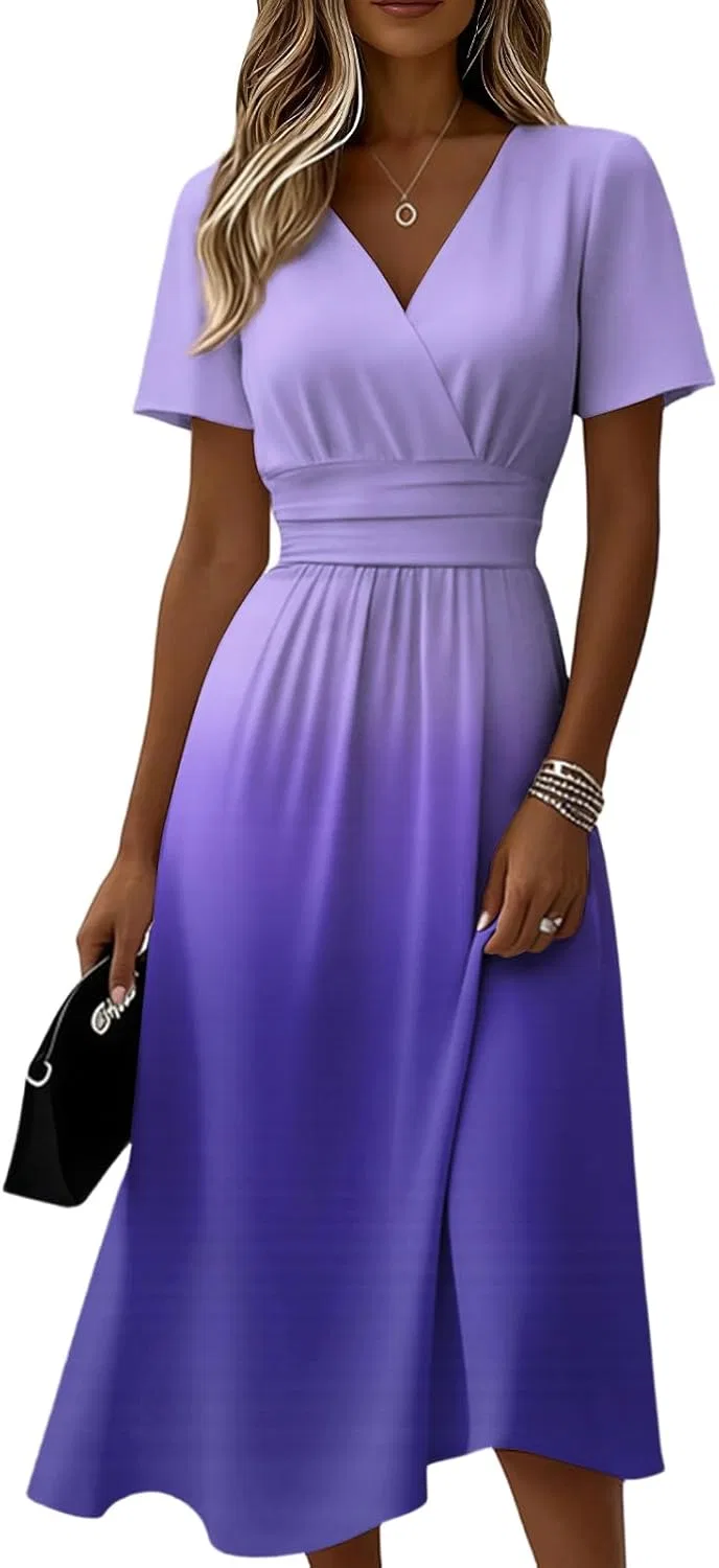 Женское летнее платье с V-образным вырезом градиент, Beach Dresses For Women, Purple Pink