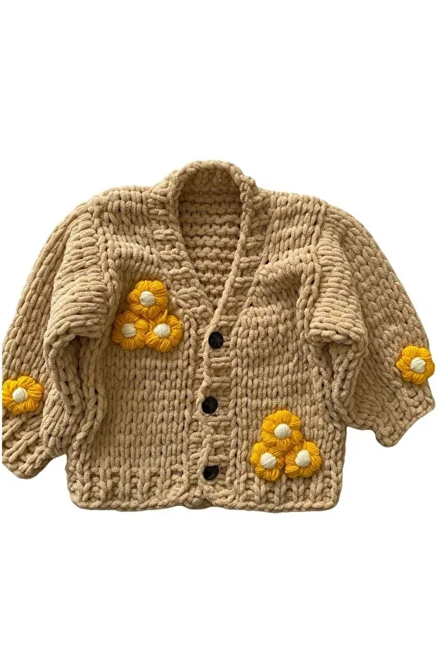 Детский кардиган для девочек с флористическим принтом Handmade thick knitted children's cardigan Oem, Beige — фото 2