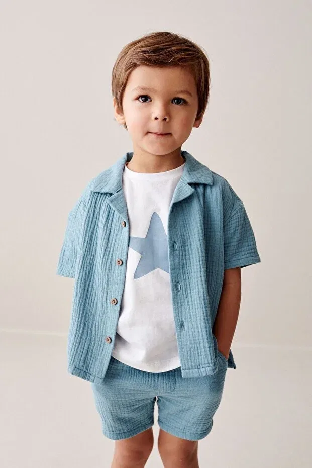 Детский комплект из рубашки и шорт с принтом 3-piece set Next Baby, Blue — фото 3