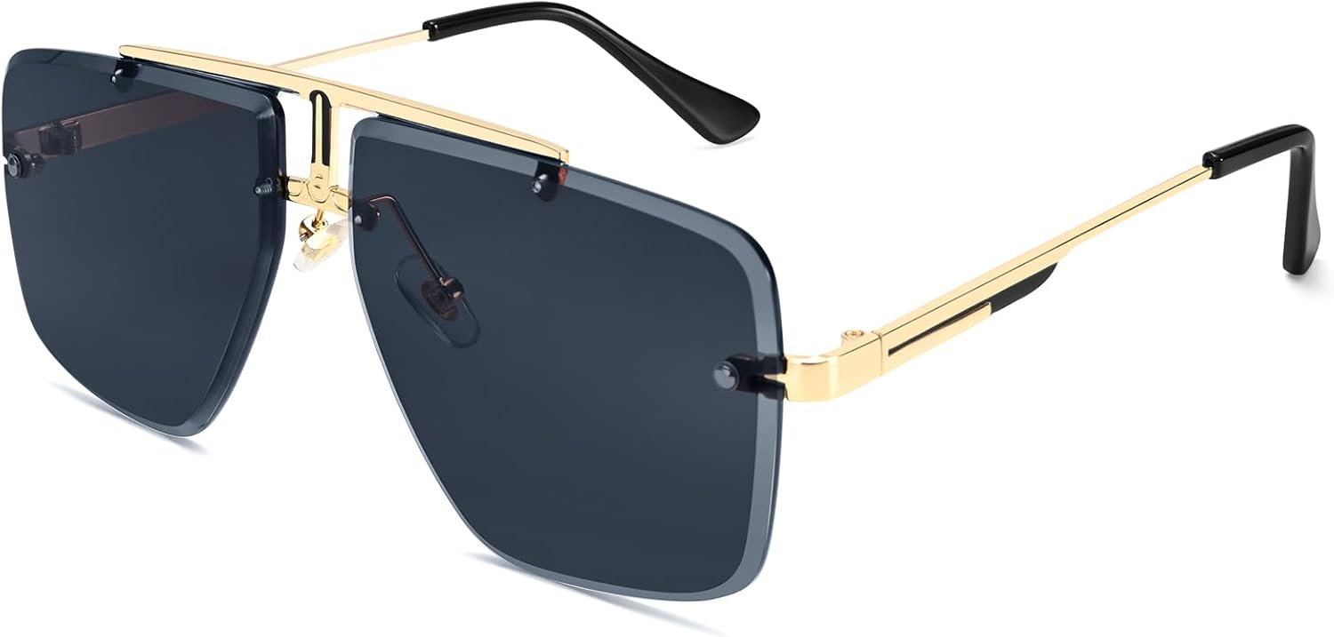 

Мужские квадратные солнцезащитные очки без оправы, модные, большие, с тонированными линзами, золотистой металлической оправой, защита от ультрафиолета UV400 Dollger, C1：gold Frame Black Lenses