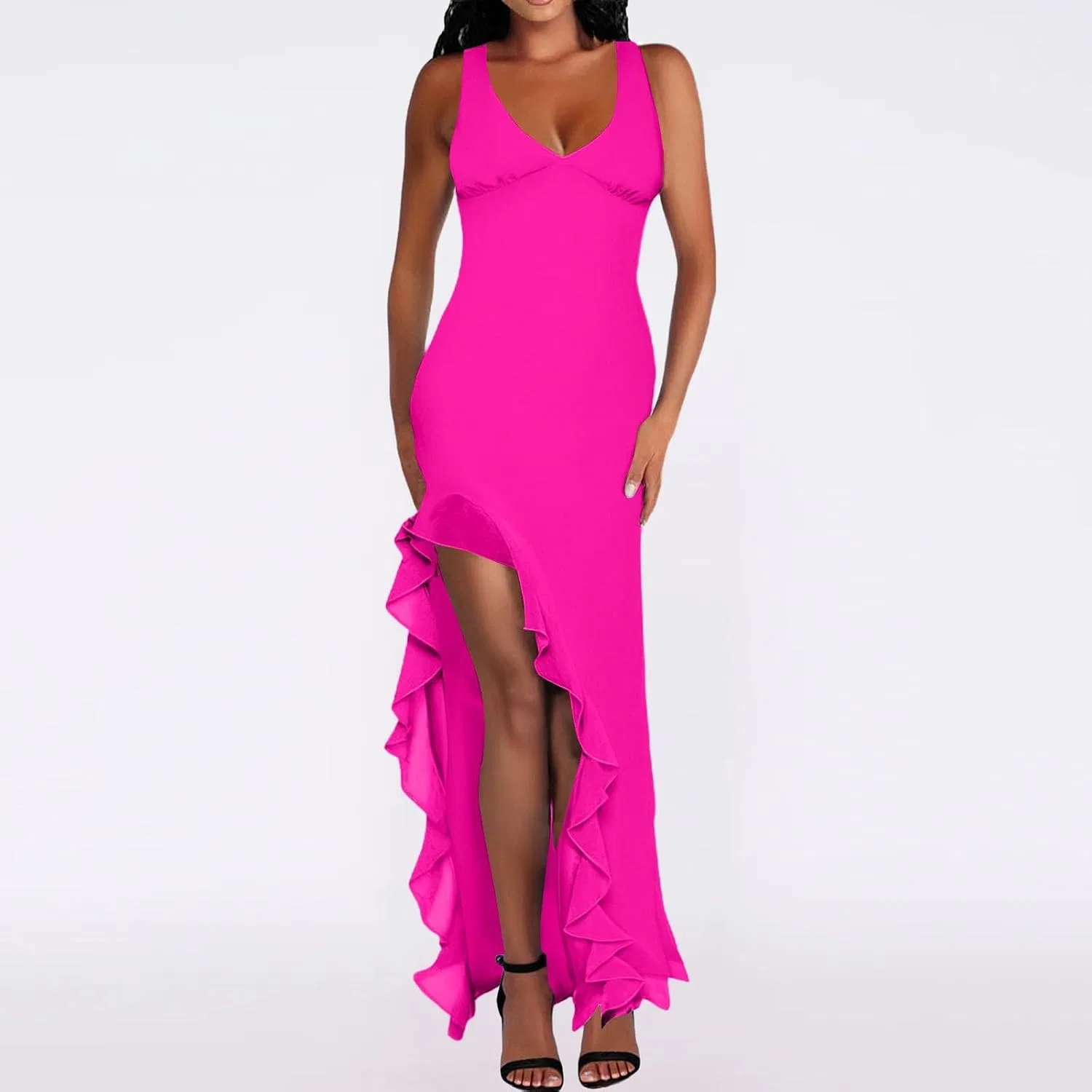 Женское облегающее платье макси с V-образным вырезом, Hot Pink — фото 2