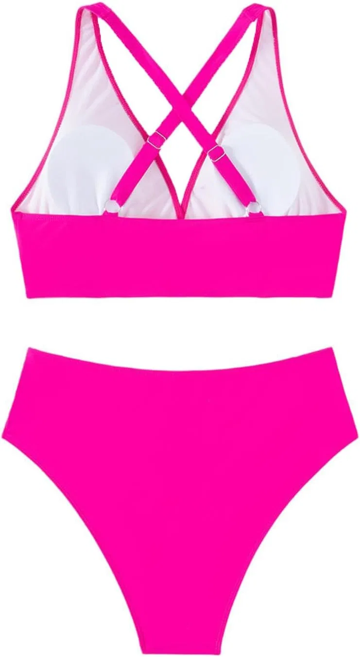 Женский купальный костюм с высокой талией Plus Size, Hot Pink — фото 4