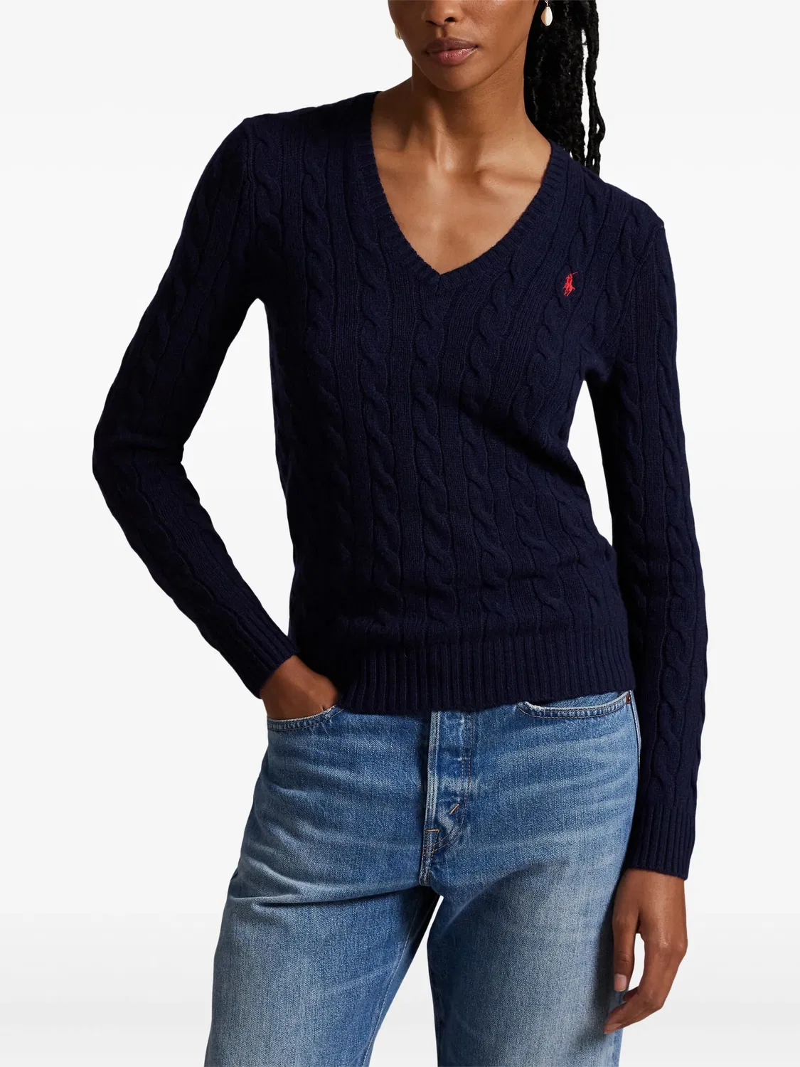 Свитер с рельефным вязанием и V-образным вырезом Polo Ralph Lauren, темно-синий — фото 4