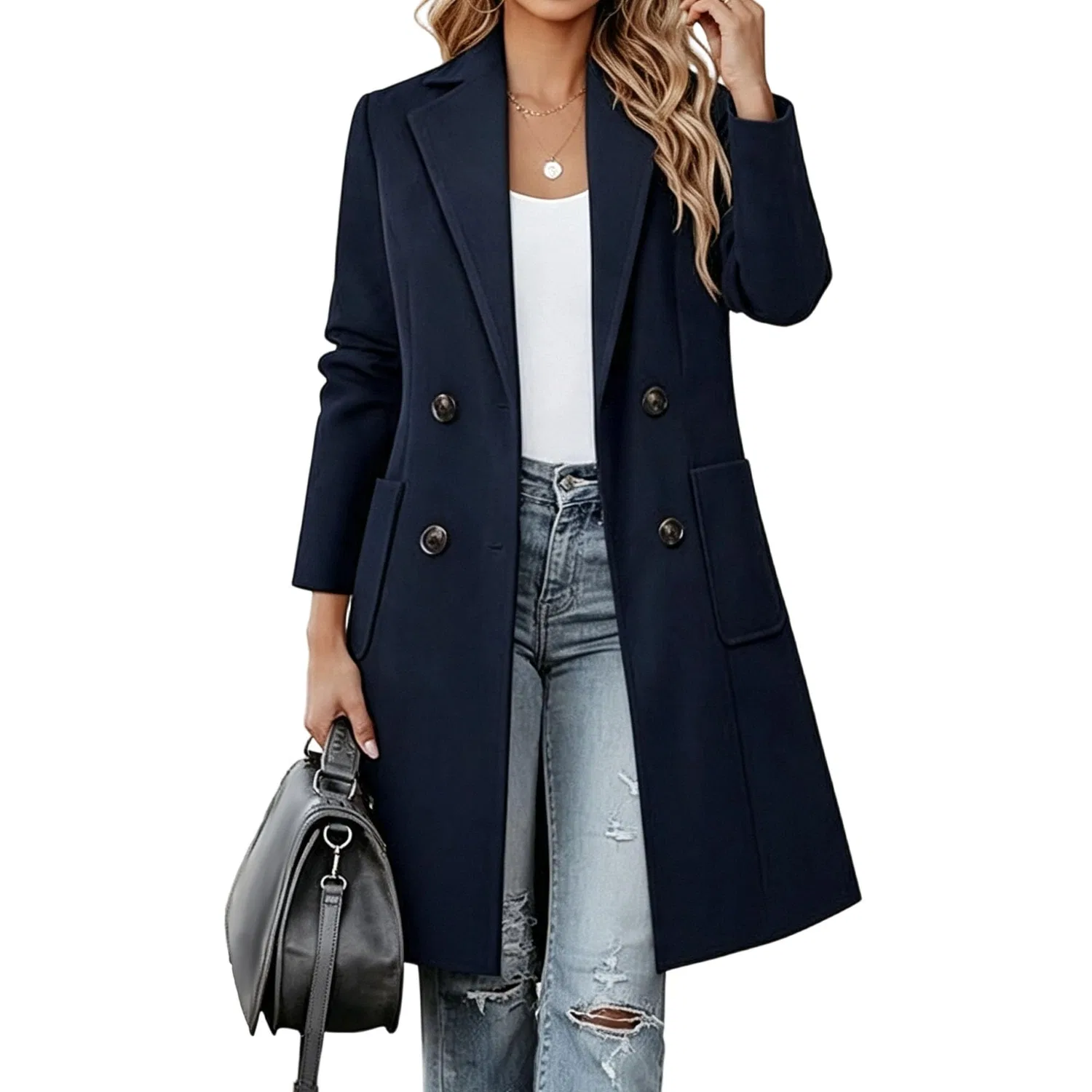 Женское двубортное пальто slim fit с длинным рукавом, Blu navy