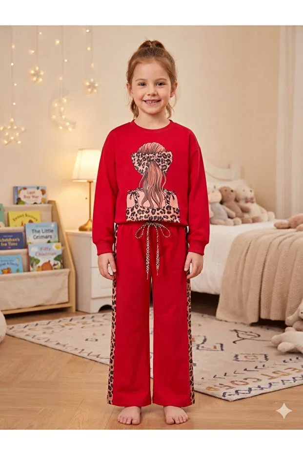 Детский спортивный комплект для девочек с принтом Girl'S cotton fabric red color leopard buckle patterned long sleeve winter tracksuit set Fil Kids, Red
