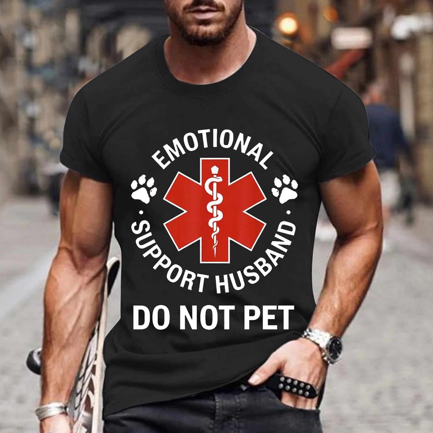 Мужская оверсайз футболка с принтом Do Not Pet Emotional Support Husband, Black — фото 2
