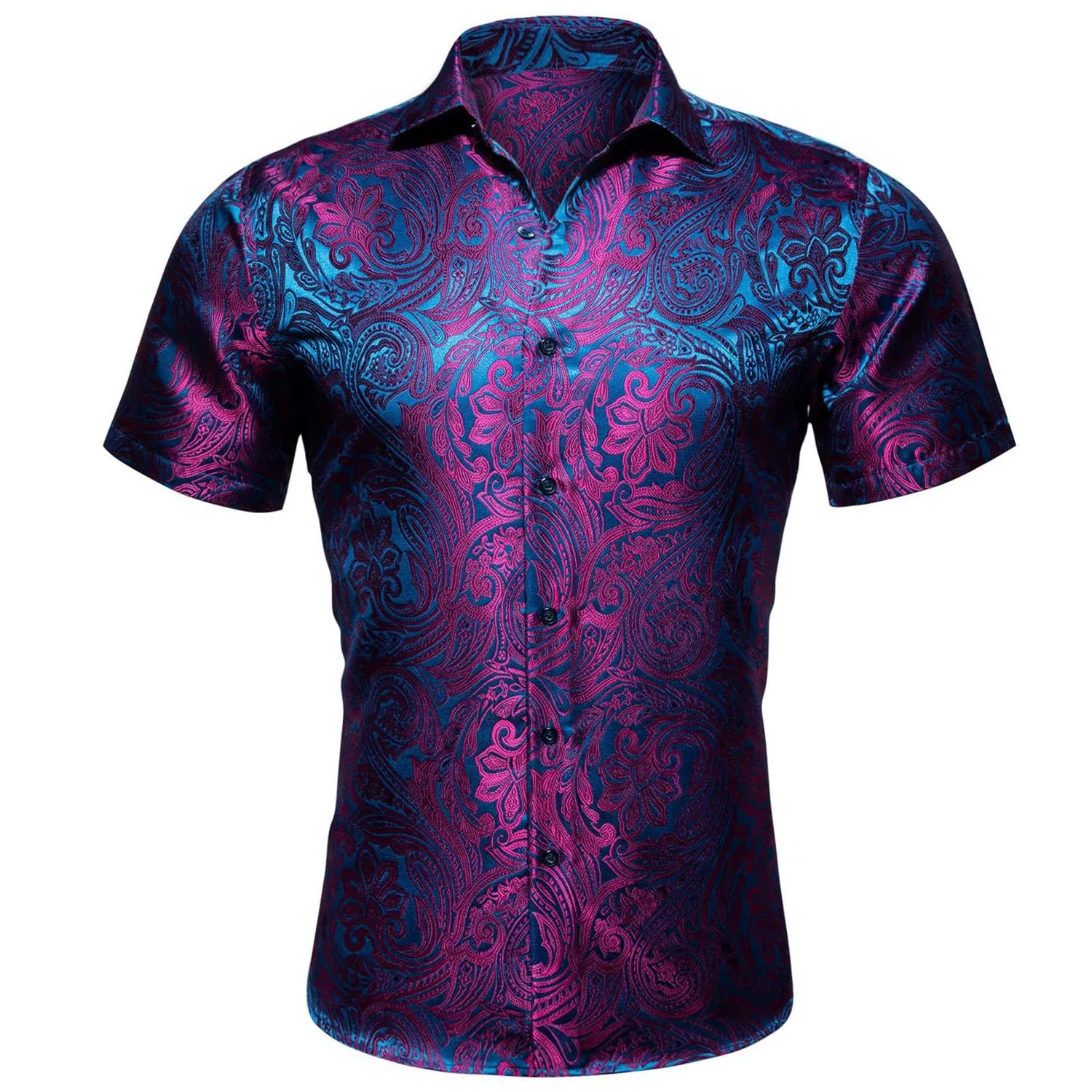 Мужская рубашка с коротким рукавом с принтом Paisley Shiny Satin Baroque Design, Navy Blue