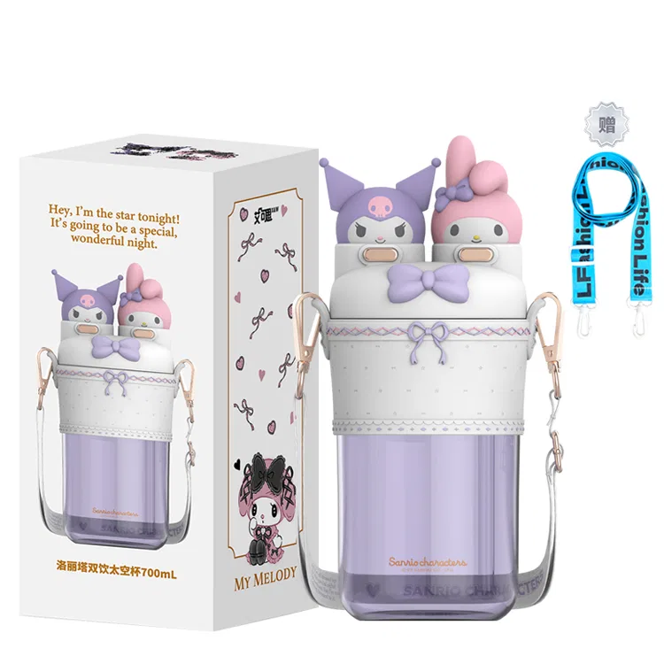 Кружка пластиковая с принтом Kuromi Sanrio, Lolita White Purple+LFLife Water Cup Straps, 700 мл, Sanrio, Lolita White Purple+LFLife Water Cup Straps