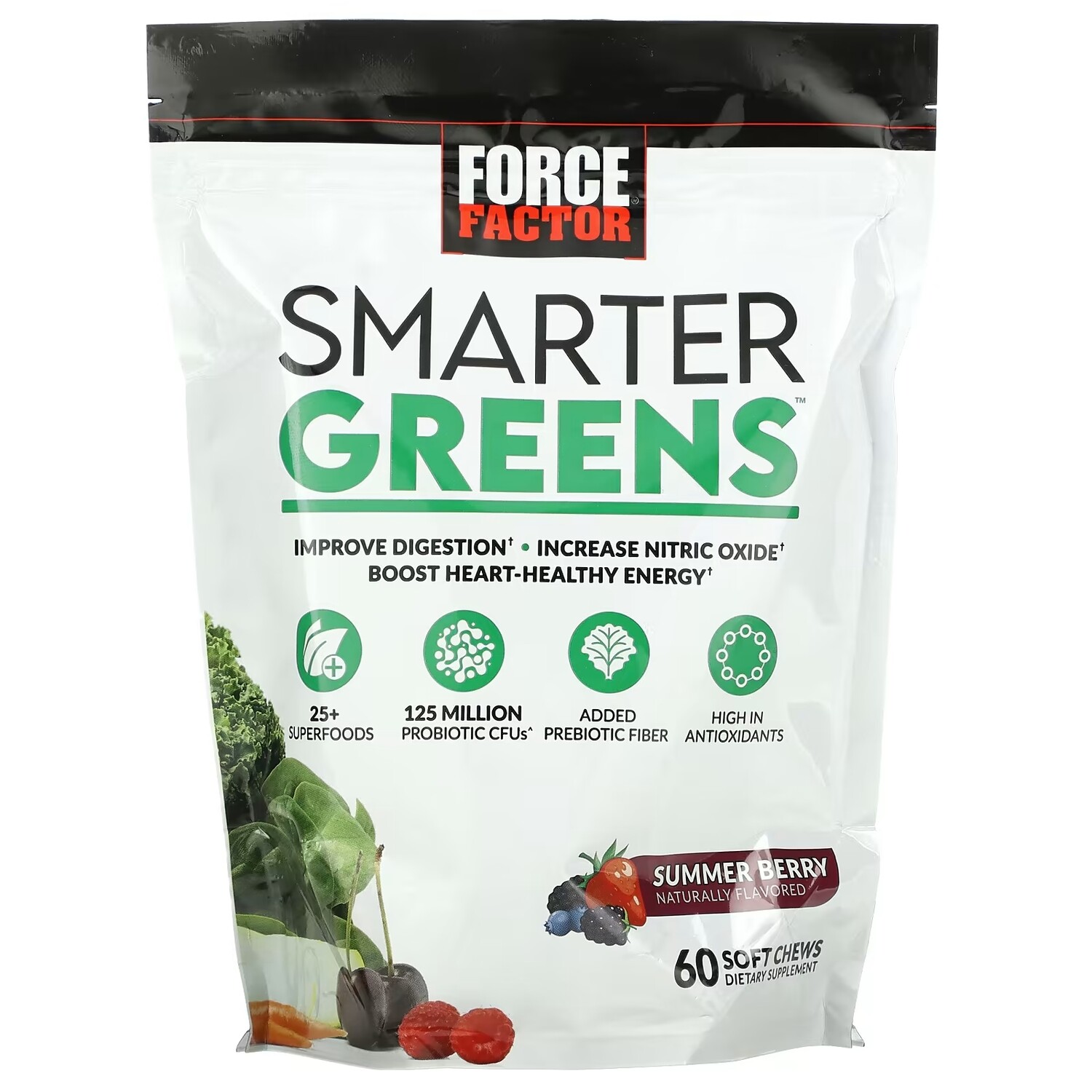 

Добавка Force Factor Smarter Greens, летние ягоды, 60 жевательных таблеток