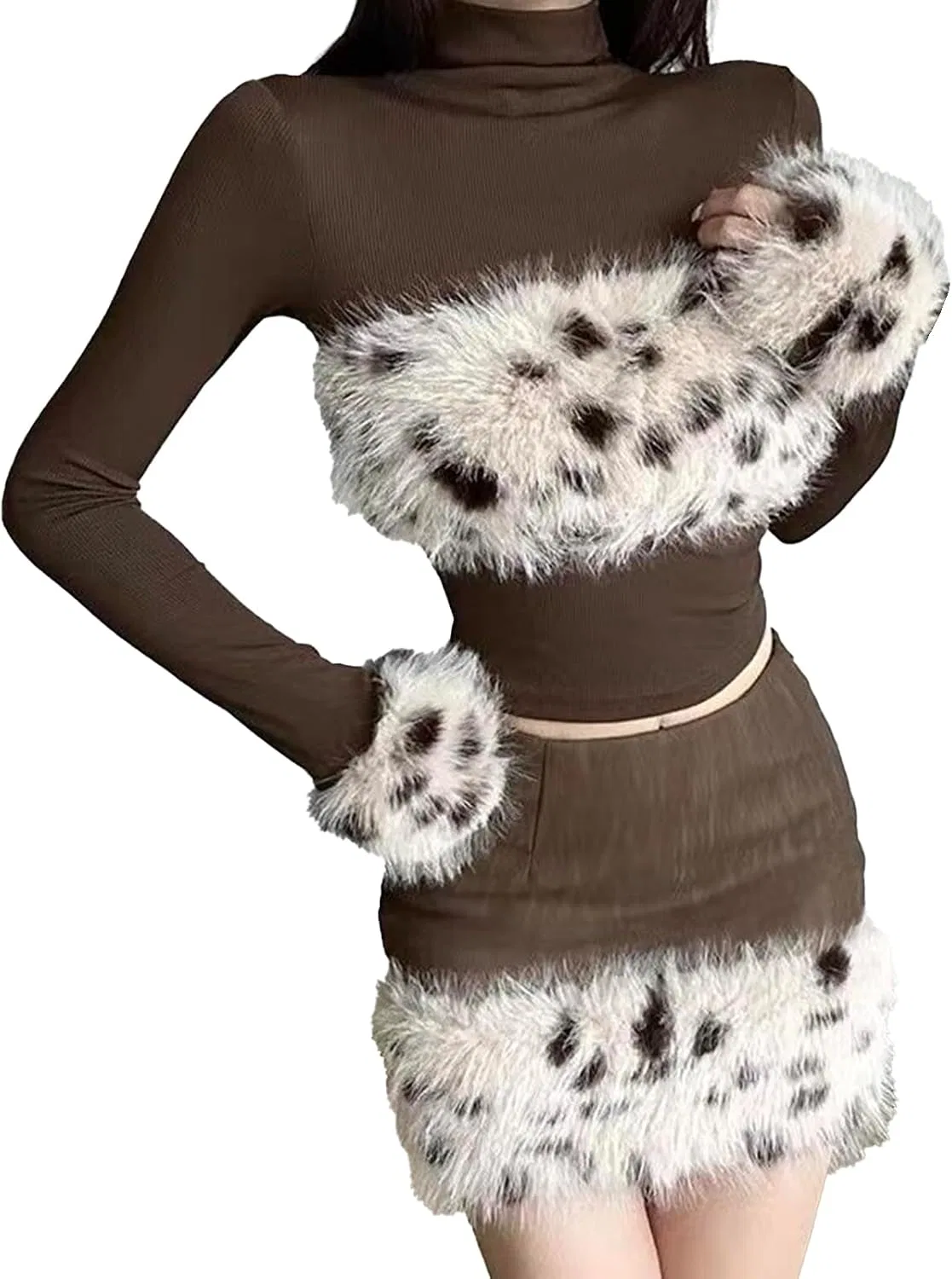 Женский комплект из топа и мини-юбки с цветовым блоком Long Sleeves, Brown