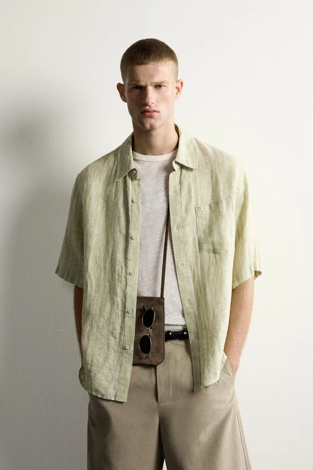 Рубашка в полоску из жаккардовой ткани, 100% лен. ZARA, Light green — фото 2