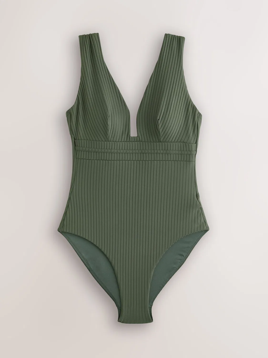 Купальник слитный с глубоким вырезом, shaping, Khaki Green Rib Next