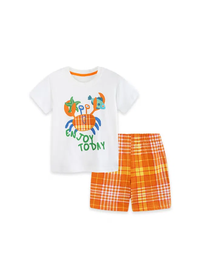 Комплект шорт в клетку с вышивкой краба, модель Summer new boys' plaid shorts set, Aosta Betty Store