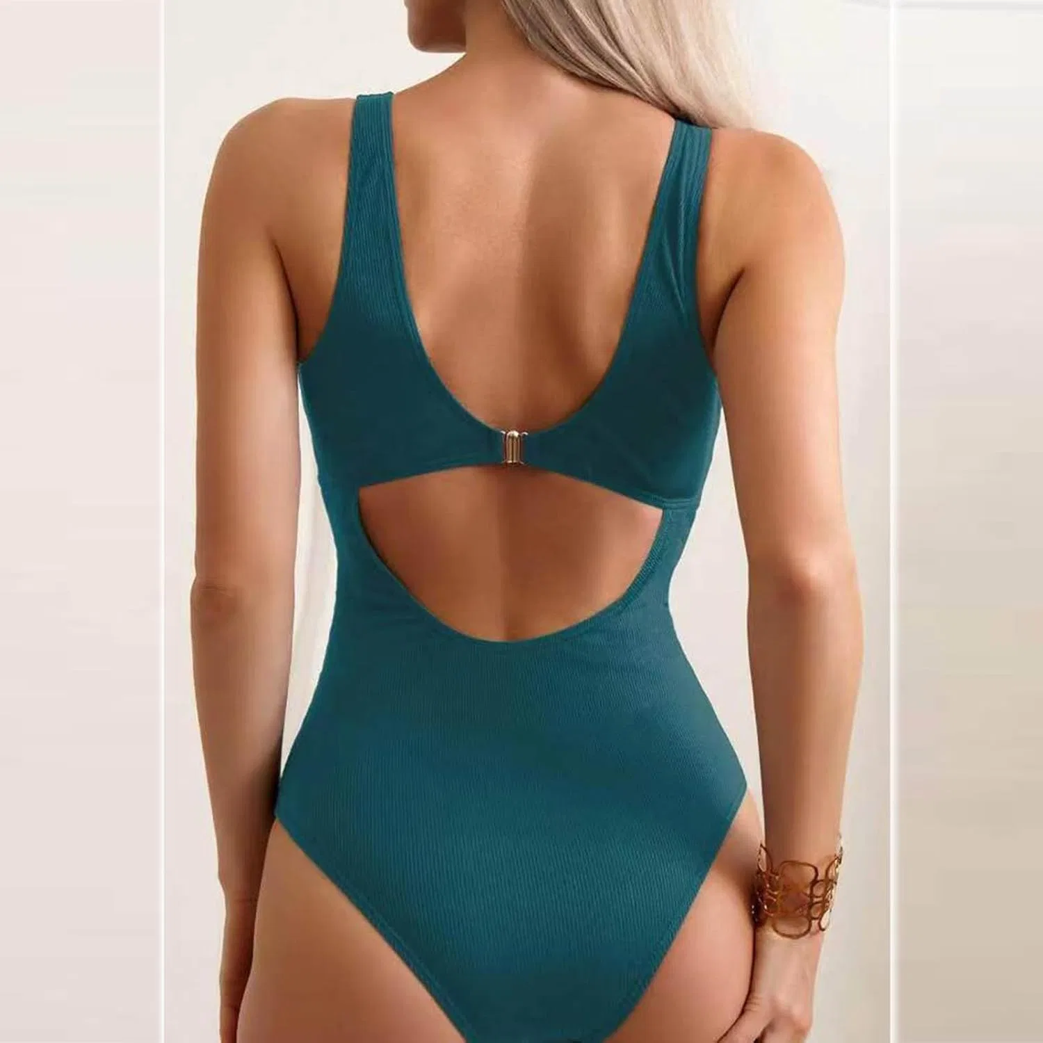Женский цельный купальник с контролем живота Ribbed One Piece Swimsuit, Blue — фото 4