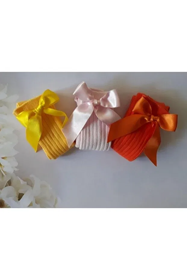 Детские носки до колена с бантом 3-предметный комплект Özkardeşler Baby, Yellow, Light Pink Orange