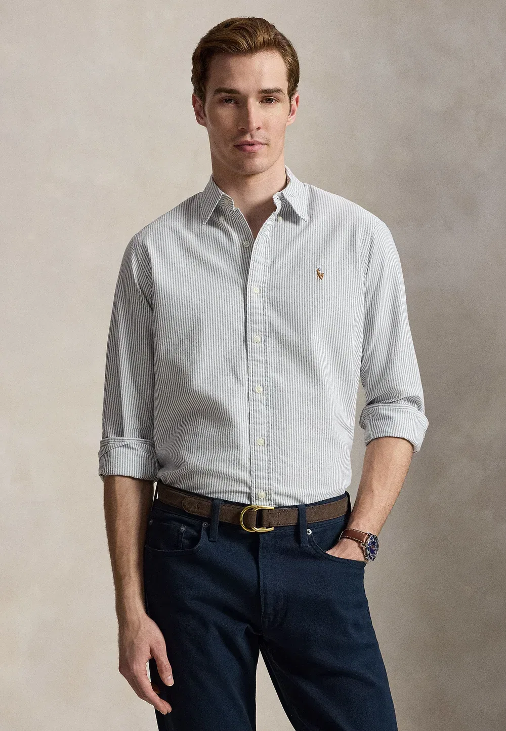 Приталенная полосатая рубашка-оксфорд - рубашка Polo Ralph Lauren, Navy/White