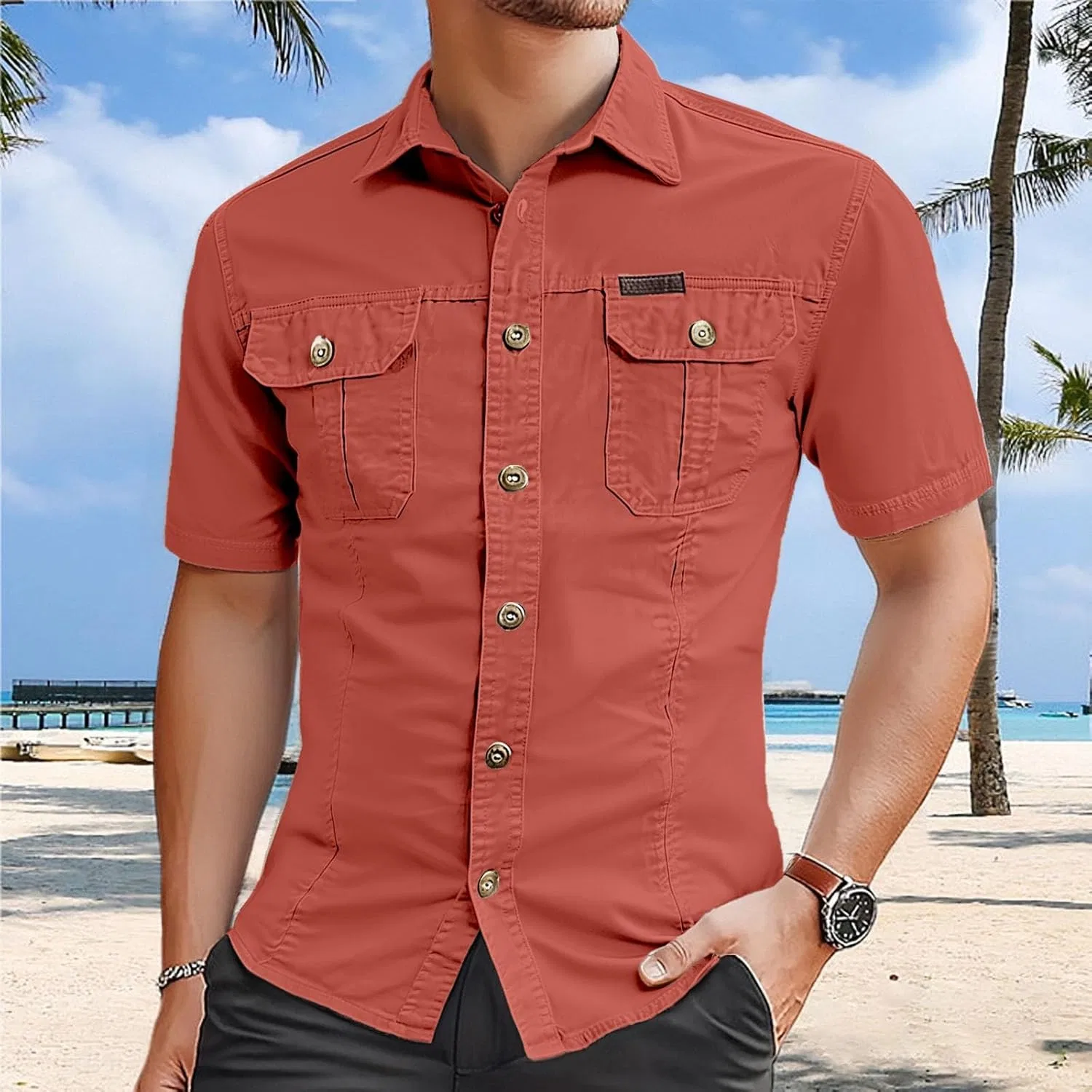 Мужская хлопковая рубашка с коротким рукавом, Cargo Shirt, красный — фото 2