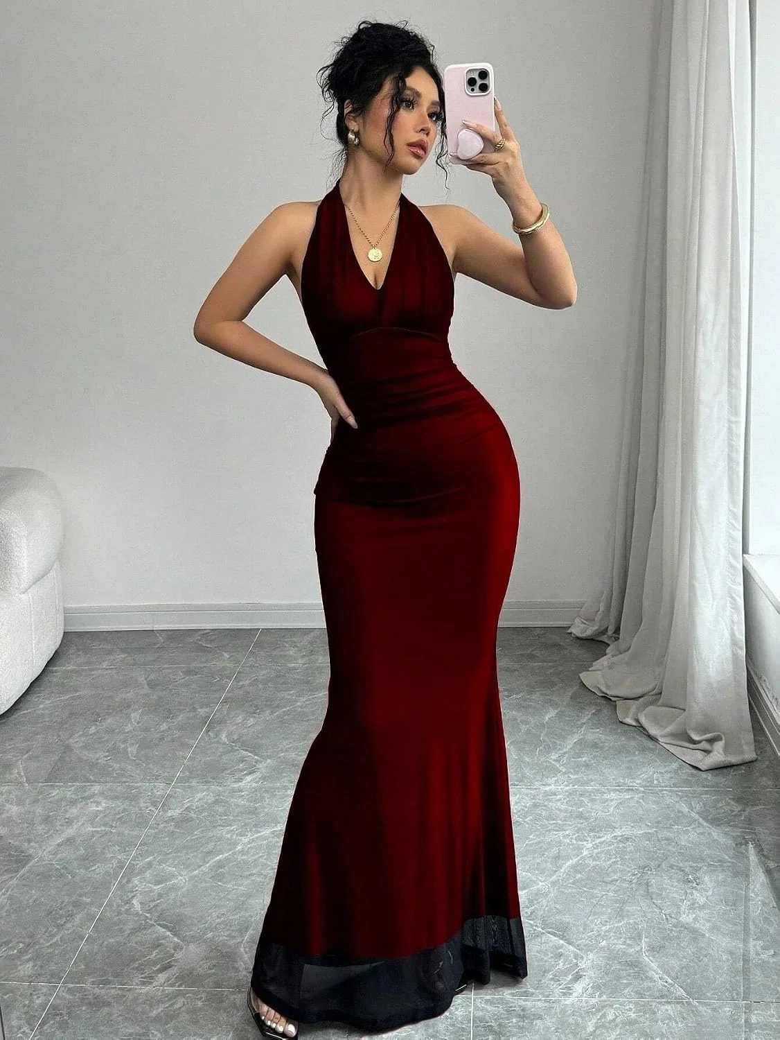 Женское элегантное платье-бодикон с V-образным вырезом, Red — фото 3