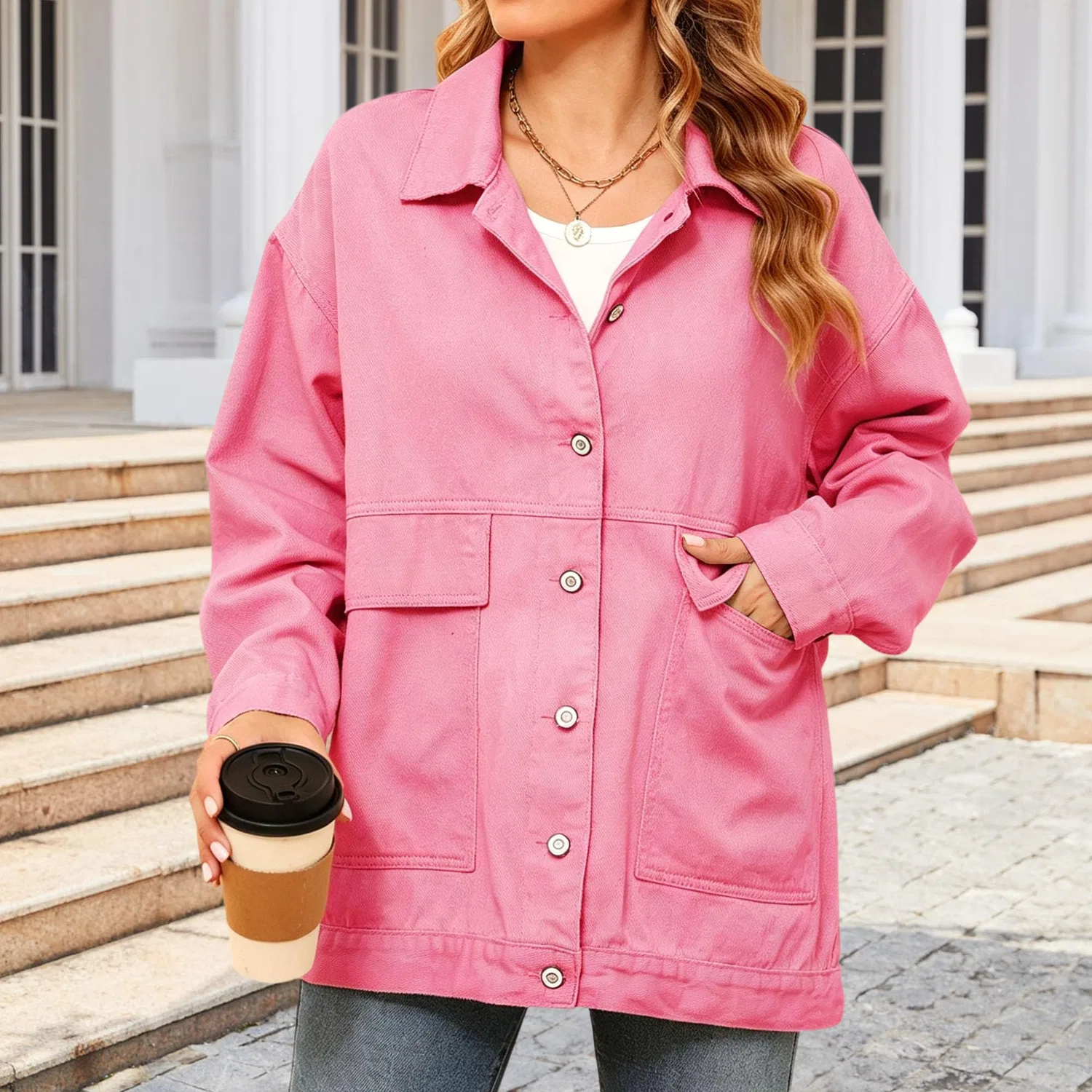 Женская джинсовая куртка oversize с эффектом потертости, модель trucker, Rosa — фото 2